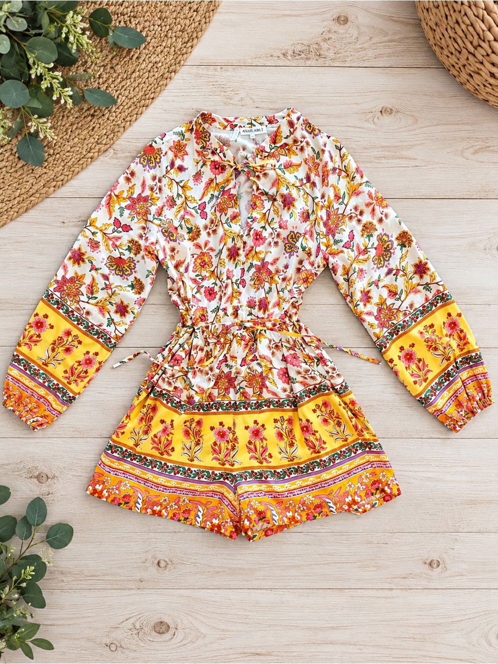 M Boho Floral Border Print Long Sleeve Romper Pink Yellow